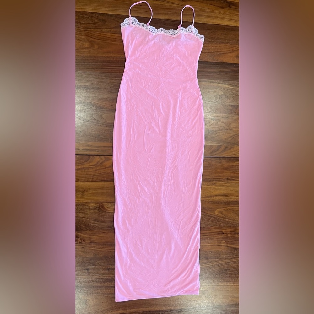 SKIMS pink lace slip dress, new without tags